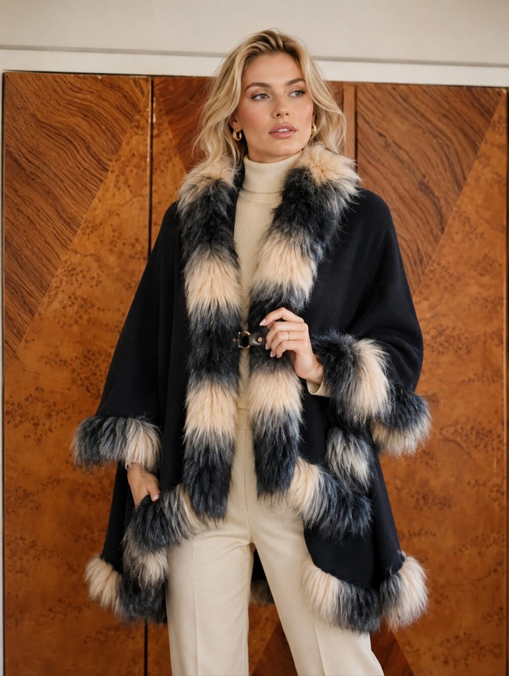 Elegant Navy Poncho with Two-Tone Faux Fur Trim